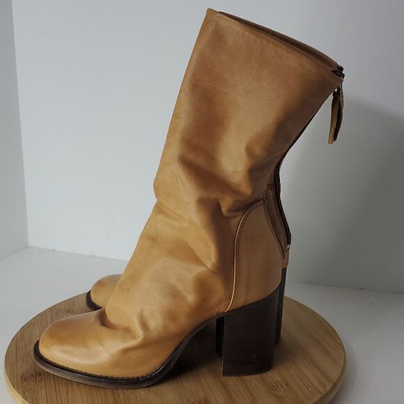Free People Tan Elle Slouchy Leather Block Heel Boot Size 38 (7.5) - Picture 6 of 15